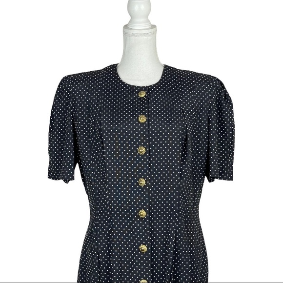 SL Fashions Vintage 80's 90's Black White Polkadot Midi Sheath Dress Rockabilly - Picture 2 of 9